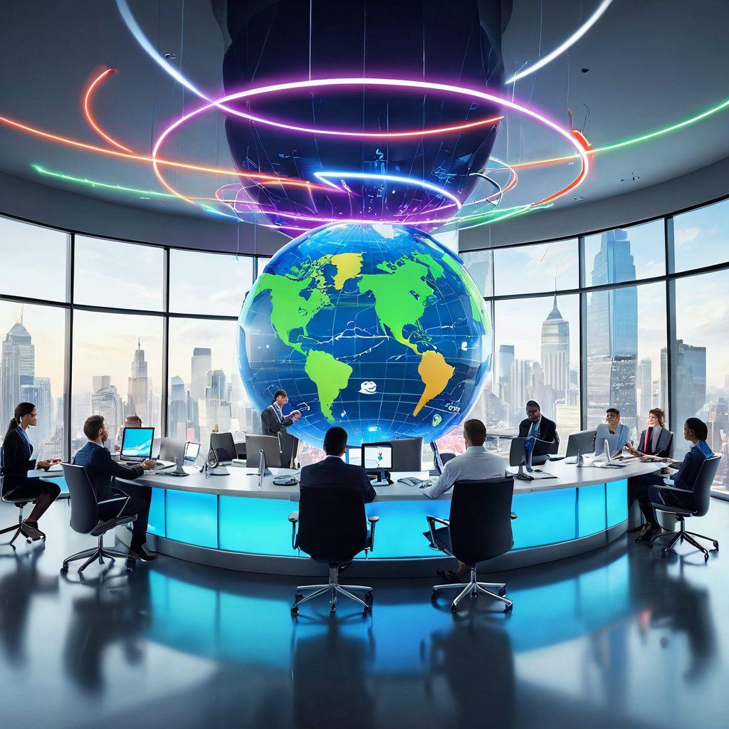 A dynamic scene depicting a diverse group of people in a modern office setting, collaborating around a digital interface displaying rapid money transfer options. Bright, flowing arrows symbolize speed and efficiency, connecting globe elements to showcase global transactions. Emphasize technology and innovation throughout the setting, with sleek devices and vibrant colors suggesting progress. super-realistic. vibrant colors. 3D.