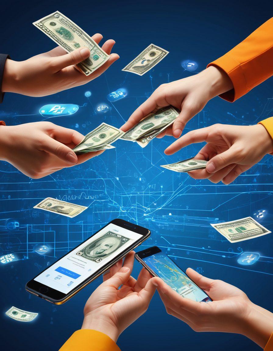 A dynamic visual representation of money flowing seamlessly between diverse hands, with elements depicting digital transfers like smartphones and bank apps. Include vibrant icons of various currencies and a backdrop of abstract, fast-moving lines suggesting speed and efficiency. Highlight a sense of security and accessibility, symbolizing hassle-free solutions. Use modern design elements, rich colors, and a technology-inspired theme. super-realistic. vibrant colors. 3D.